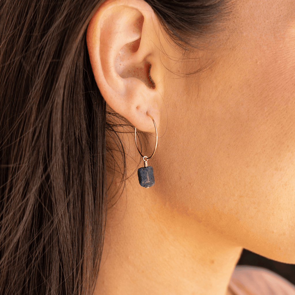 Raw Sapphire Gemstone Dangle Hoop Earrings - Raw Sapphire Gemstone Dangle Hoop Earrings - 14k Gold Fill - Luna Tide Handmade Crystal Jewellery