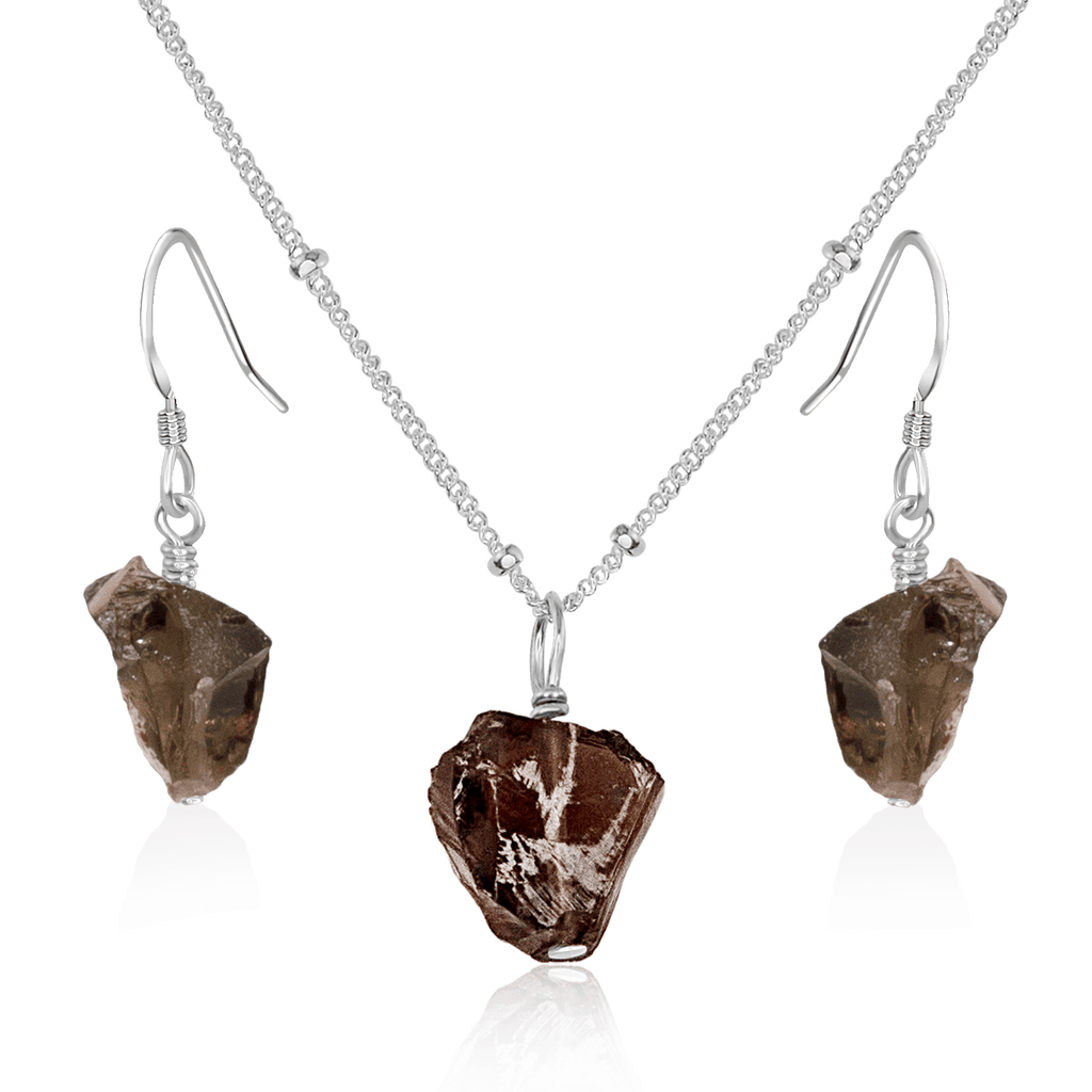 Raw Smoky Quartz Crystal Jewellery Set - Raw Smoky Quartz Crystal Jewellery Set - Sterling Silver / Satellite / Necklace & Earrings - Luna Tide Handmade Crystal Jewellery