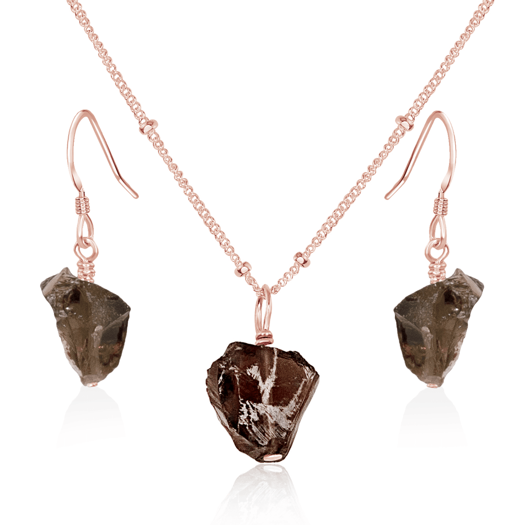 Raw Smoky Quartz Crystal Jewellery Set - Raw Smoky Quartz Crystal Jewellery Set - 14k Rose Gold Fill / Satellite / Necklace & Earrings - Luna Tide Handmade Crystal Jewellery