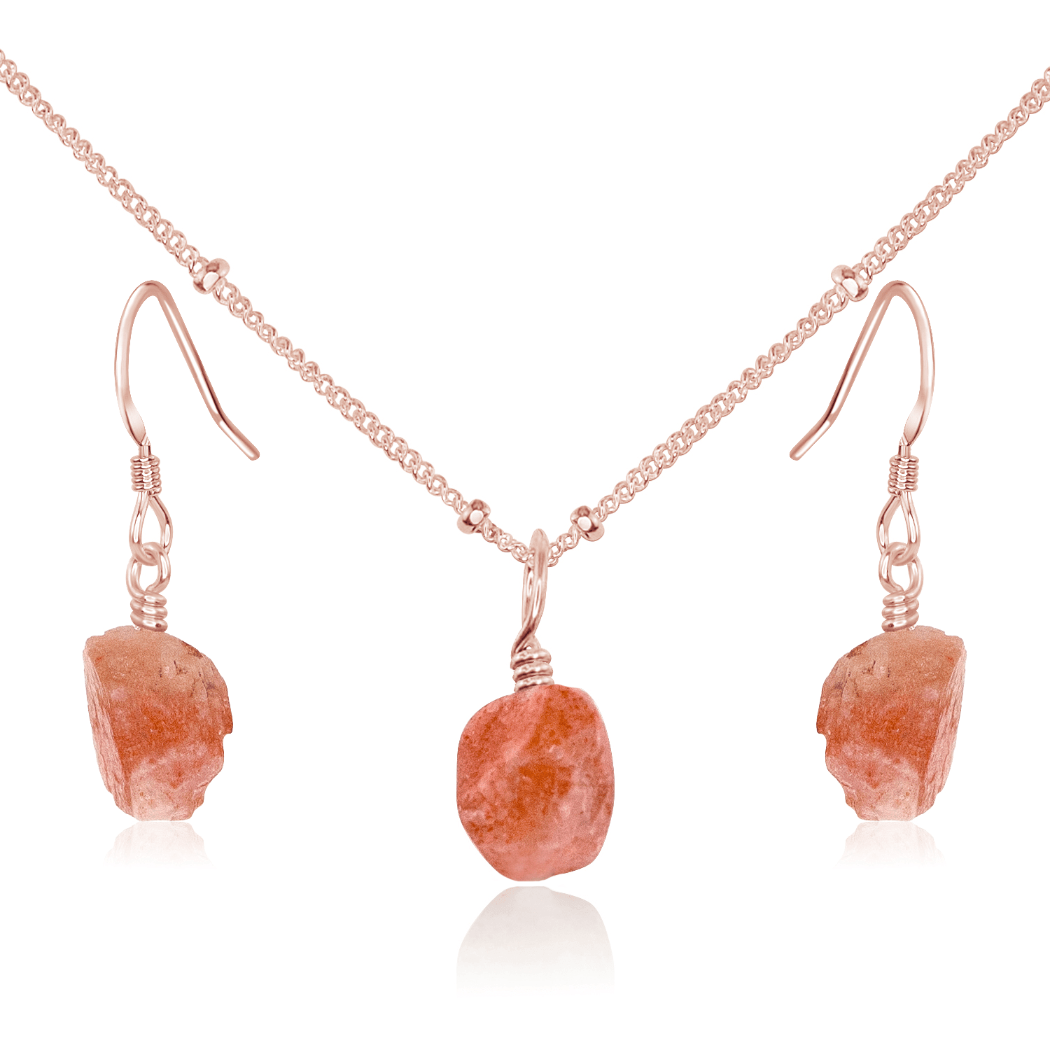 Raw Sunstone Crystal Jewellery Set - Raw Sunstone Crystal Jewellery Set - 14k Rose Gold Fill / Satellite / Necklace & Earrings - Luna Tide Handmade Crystal Jewellery