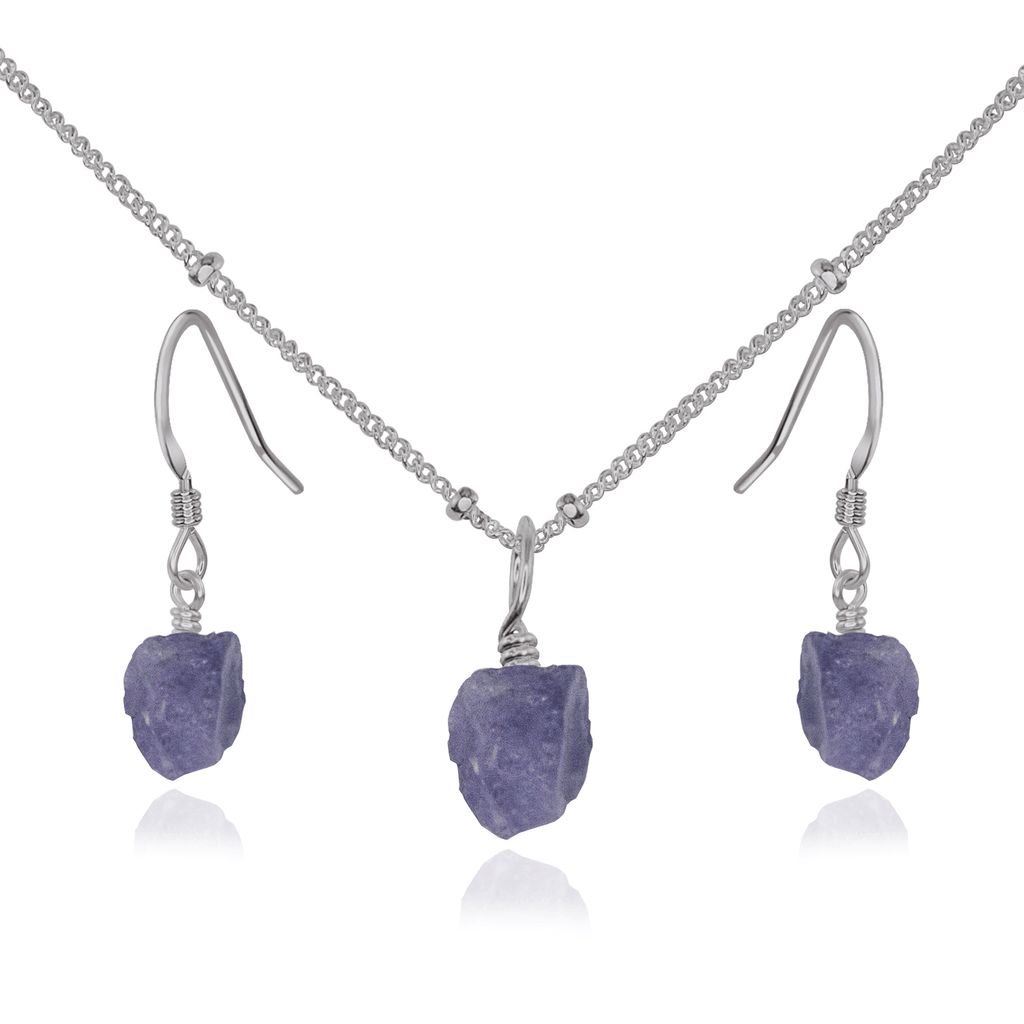 Raw Tanzanite Crystal Jewellery Set - Raw Tanzanite Crystal Jewellery Set - Stainless Steel / Satellite / Necklace & Earrings - Luna Tide Handmade Crystal Jewellery