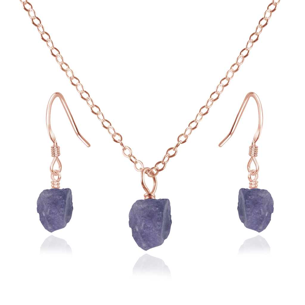 Raw Tanzanite Crystal Jewellery Set - Raw Tanzanite Crystal Jewellery Set - 14k Rose Gold Fill / Cable / Necklace & Earrings - Luna Tide Handmade Crystal Jewellery