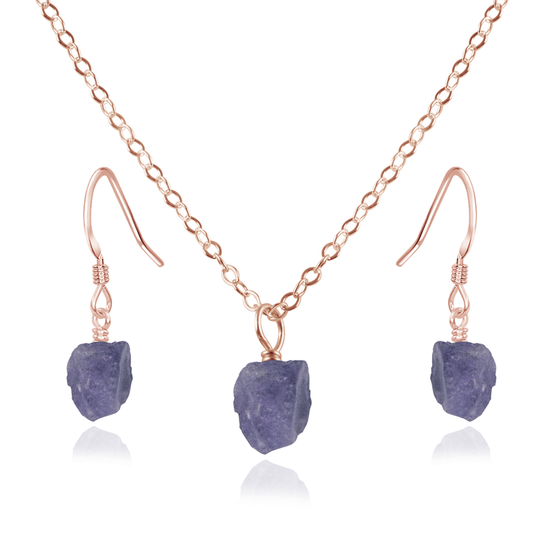 Raw Tanzanite Crystal Earrings & Necklace Set - Raw Tanzanite Crystal Earrings & Necklace Set - 14k Rose Gold Fill / Cable - Luna Tide Handmade Crystal Jewellery