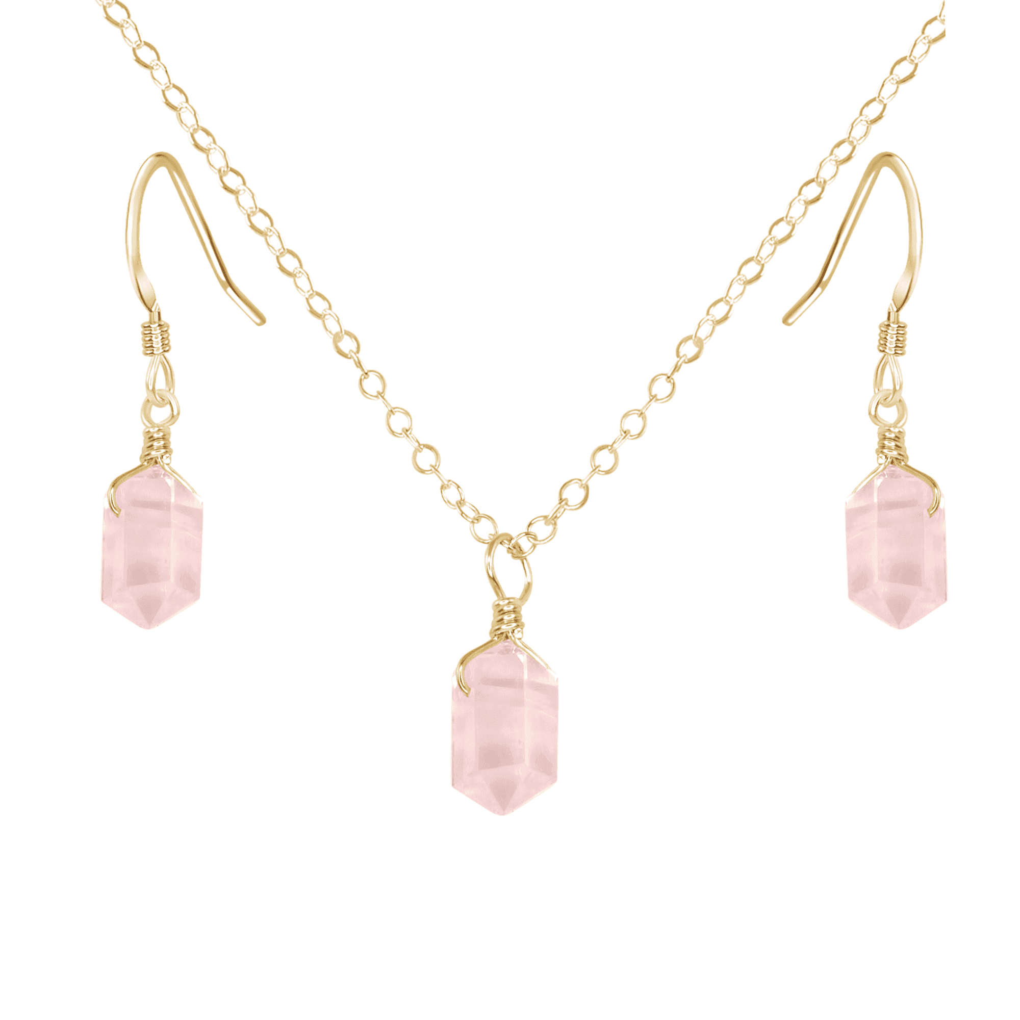 Rose Quartz Mini Double Terminated Crystal Point Earrings & Necklace Set - Rose Quartz Mini Double Terminated Crystal Point Earrings & Necklace Set - 14k Gold Fill - Luna Tide Handmade Crystal Jewellery