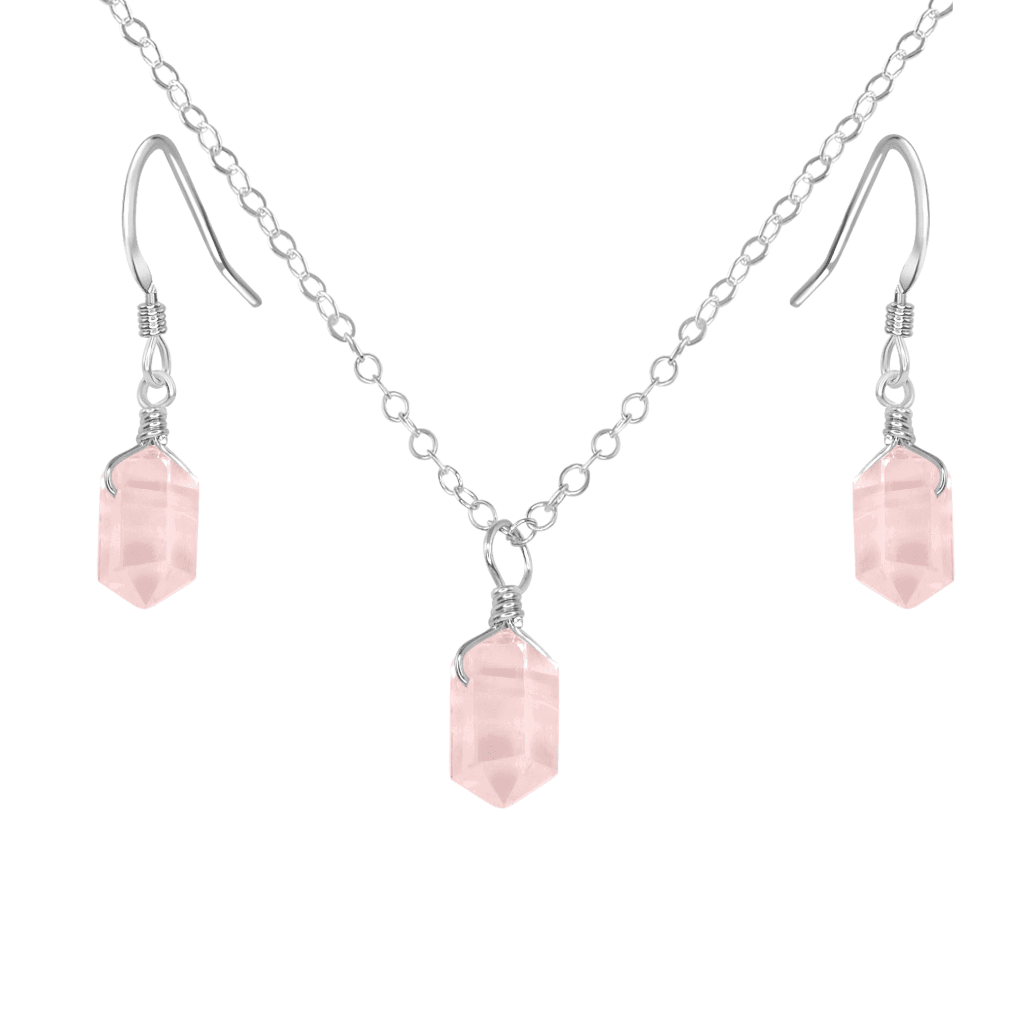 Rose Quartz Mini Double Terminated Crystal Point Earrings & Necklace Set - Rose Quartz Mini Double Terminated Crystal Point Earrings & Necklace Set - Sterling Silver - Luna Tide Handmade Crystal Jewellery