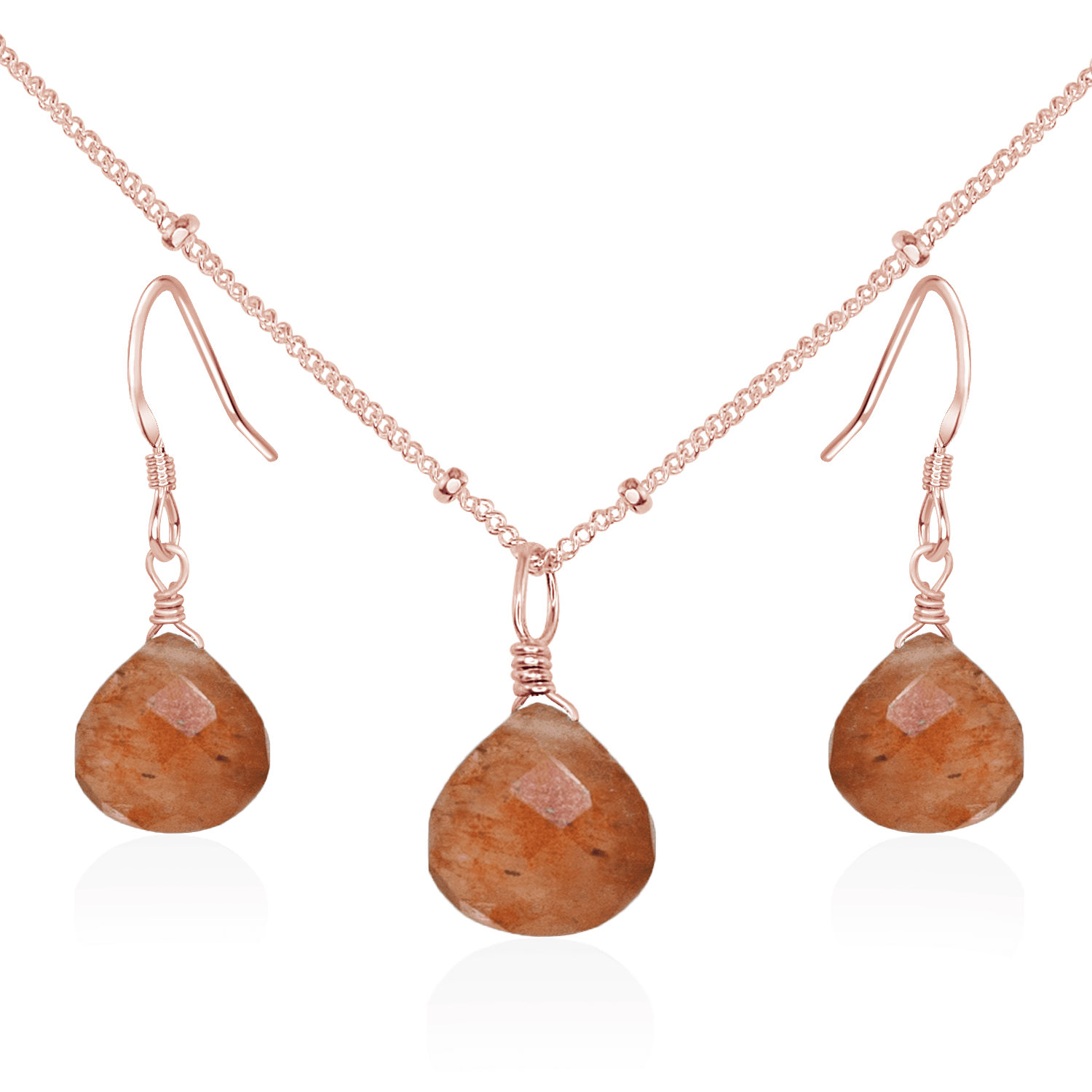 Sunstone Tiny Teardrop Earrings & Necklace Set - Sunstone Tiny Teardrop Earrings & Necklace Set - 14k Rose Gold Fill / Satellite - Luna Tide Handmade Crystal Jewellery