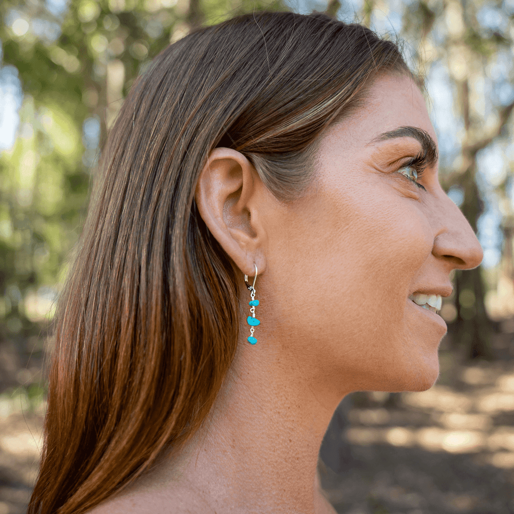 Turquoise Crystal Beaded Chain Dangle Leverback Earrings - Turquoise Crystal Beaded Chain Dangle Leverback Earrings - Sterling Silver - Luna Tide Handmade Crystal Jewellery