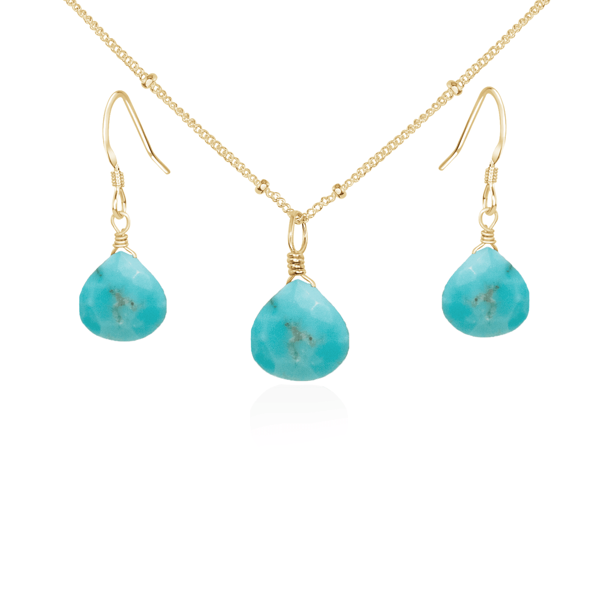 Turquoise Tiny Teardrop Earrings & Necklace Set - Turquoise Tiny Teardrop Earrings & Necklace Set - 14k Gold Fill / Satellite - Luna Tide Handmade Crystal Jewellery