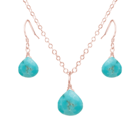Turquoise Tiny Teardrop Earrings & Necklace Set - Turquoise Tiny Teardrop Earrings & Necklace Set - 14k Rose Gold Fill / Cable - Luna Tide Handmade Crystal Jewellery