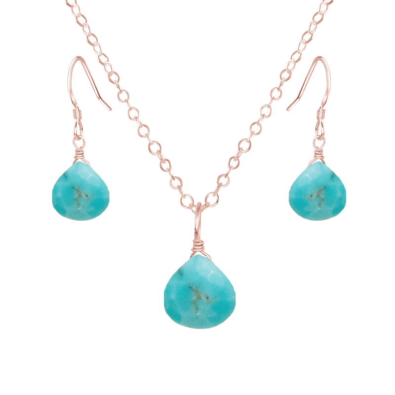 Turquoise Tiny Teardrop Earrings & Necklace Set - Turquoise Tiny Teardrop Earrings & Necklace Set - 14k Rose Gold Fill / Cable - Luna Tide Handmade Crystal Jewellery