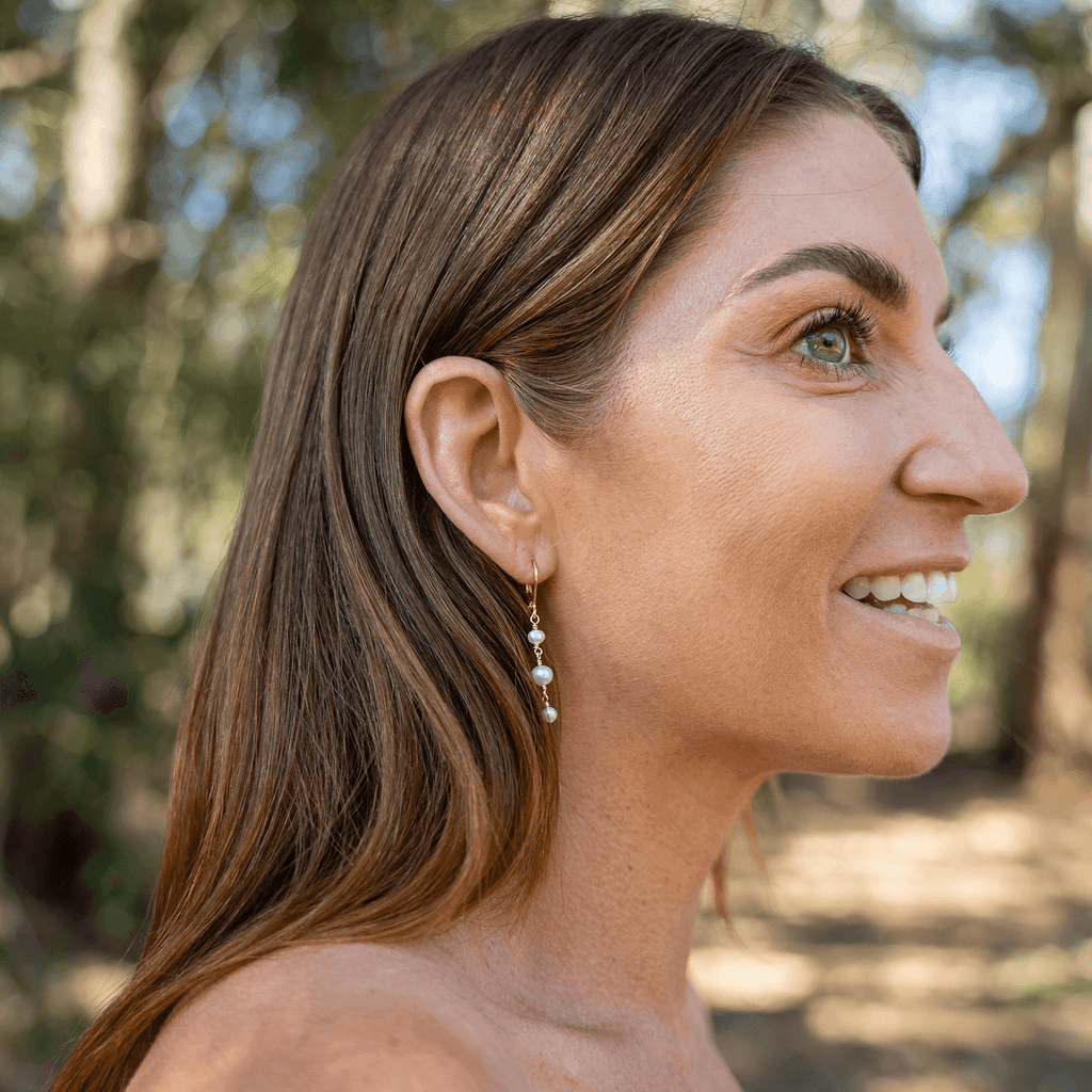 White Freshwater Pearl Crystal Beaded Chain Dangle Leverback Earrings - White Freshwater Pearl Crystal Beaded Chain Dangle Leverback Earrings - 14k Gold Fill - Luna Tide Handmade Crystal Jewellery