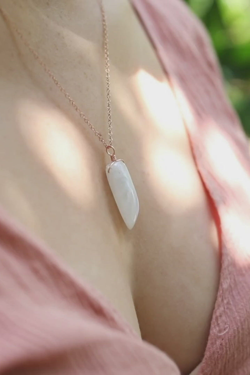 Smooth Rainbow Moonstone Natural Point Crystal Necklace