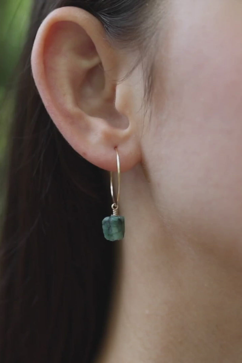 Raw Emerald Gemstone Dangle Hoop Earrings