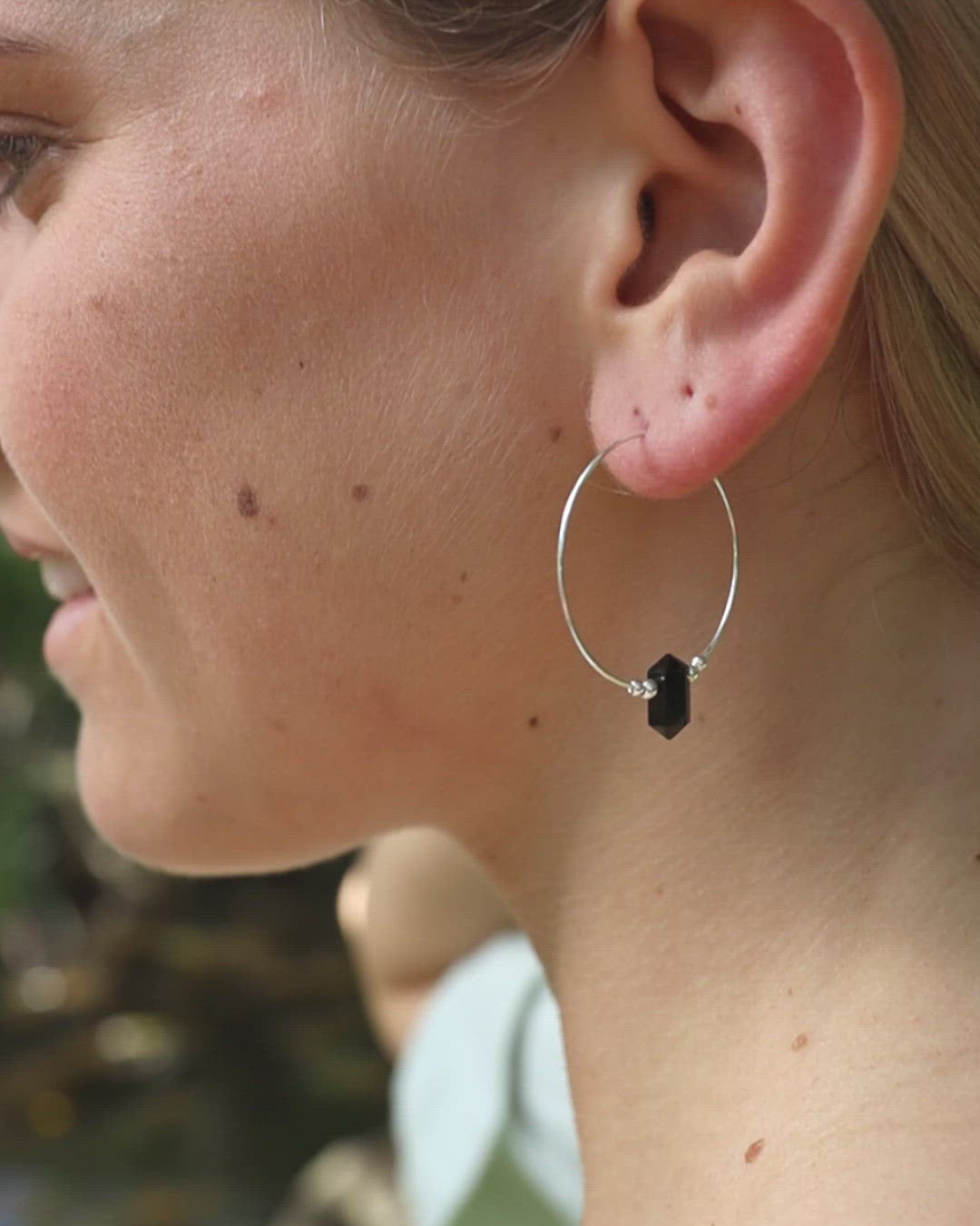 Large Hoop Black Tourmaline Double Terminated Crystal Point Earrings