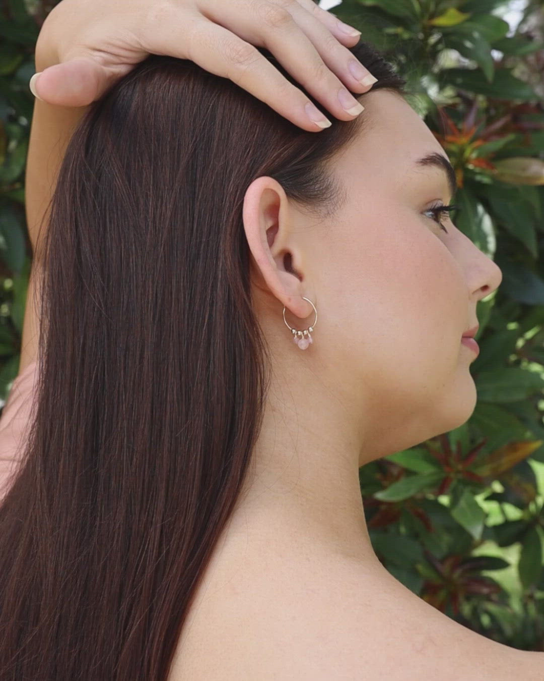 Pink Rose Quartz Gemstone Bead Drop Hoop Earrings