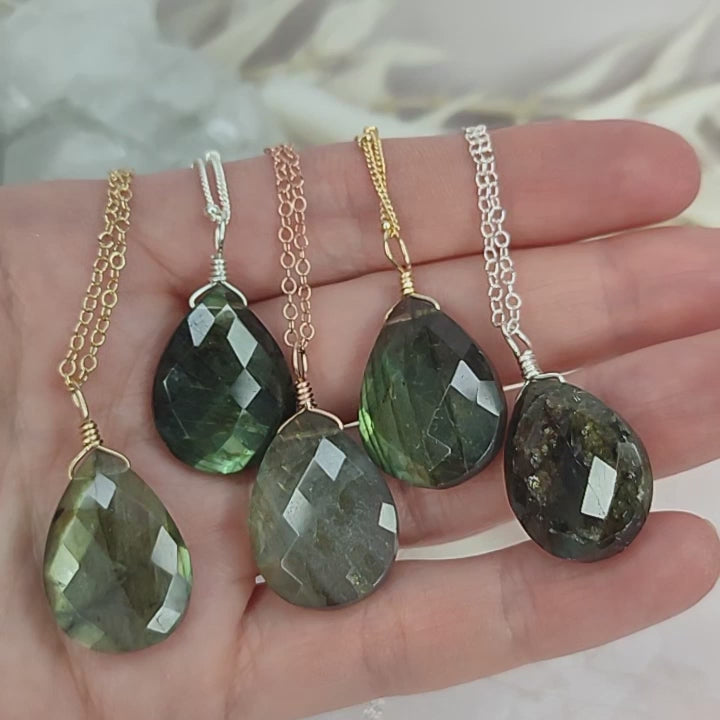 Large Labradorite Faceted Teardrop Crystal Pendant Necklace