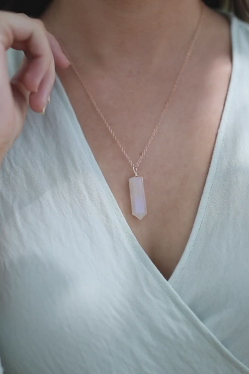 Rainbow Moonstone Crystal Generator Point Pendant Necklace