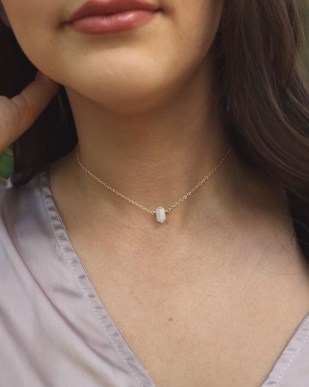 Double Terminated Rainbow Moonstone Mini Crystal Point Choker Necklace