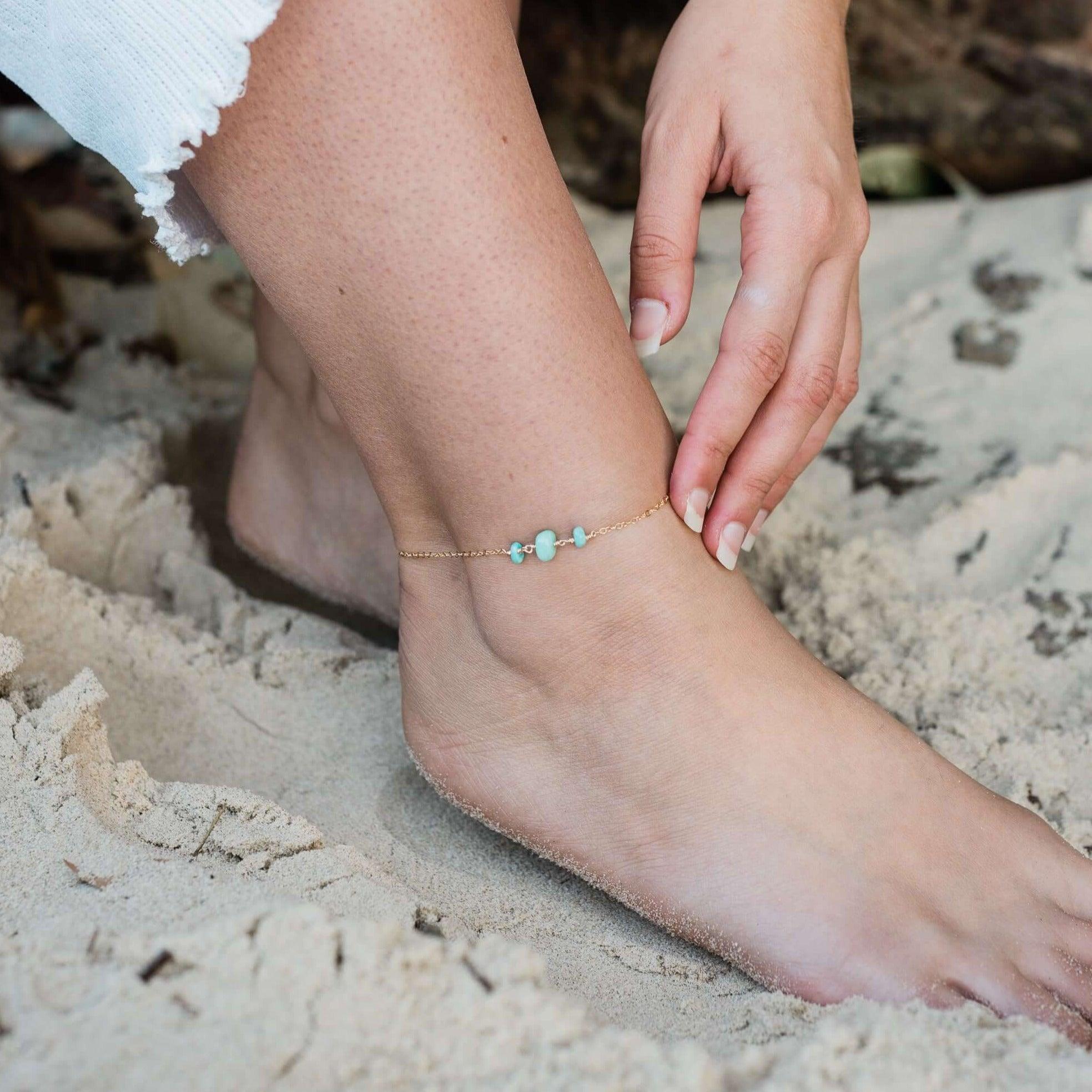 Amazonite Beaded Chain Anklet - Amazonite Beaded Chain Anklet - Sterling Silver - Luna Tide Handmade Crystal Jewellery