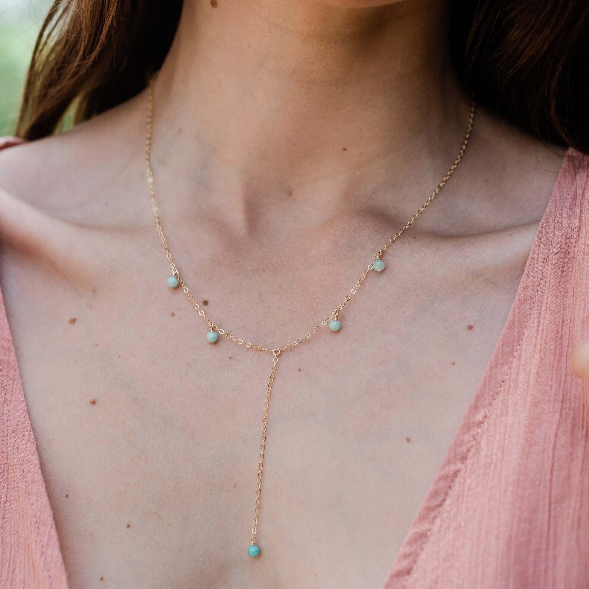 Amazonite Boho Lariat Necklace - Amazonite Boho Lariat Necklace - Sterling Silver - Luna Tide Handmade Crystal Jewellery