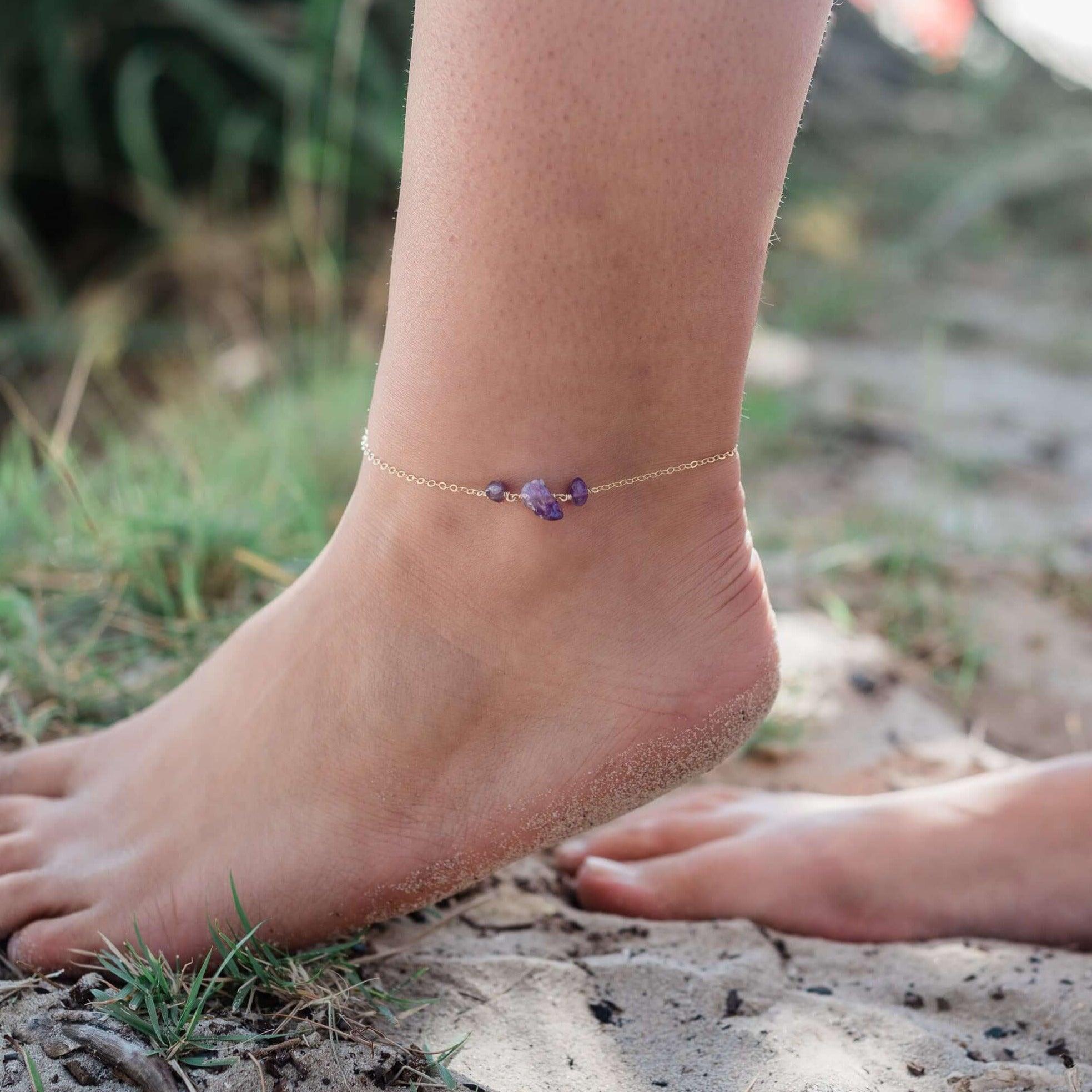 Amethyst Beaded Chain Anklet - Amethyst Beaded Chain Anklet - 14k Gold Fill - Luna Tide Handmade Crystal Jewellery