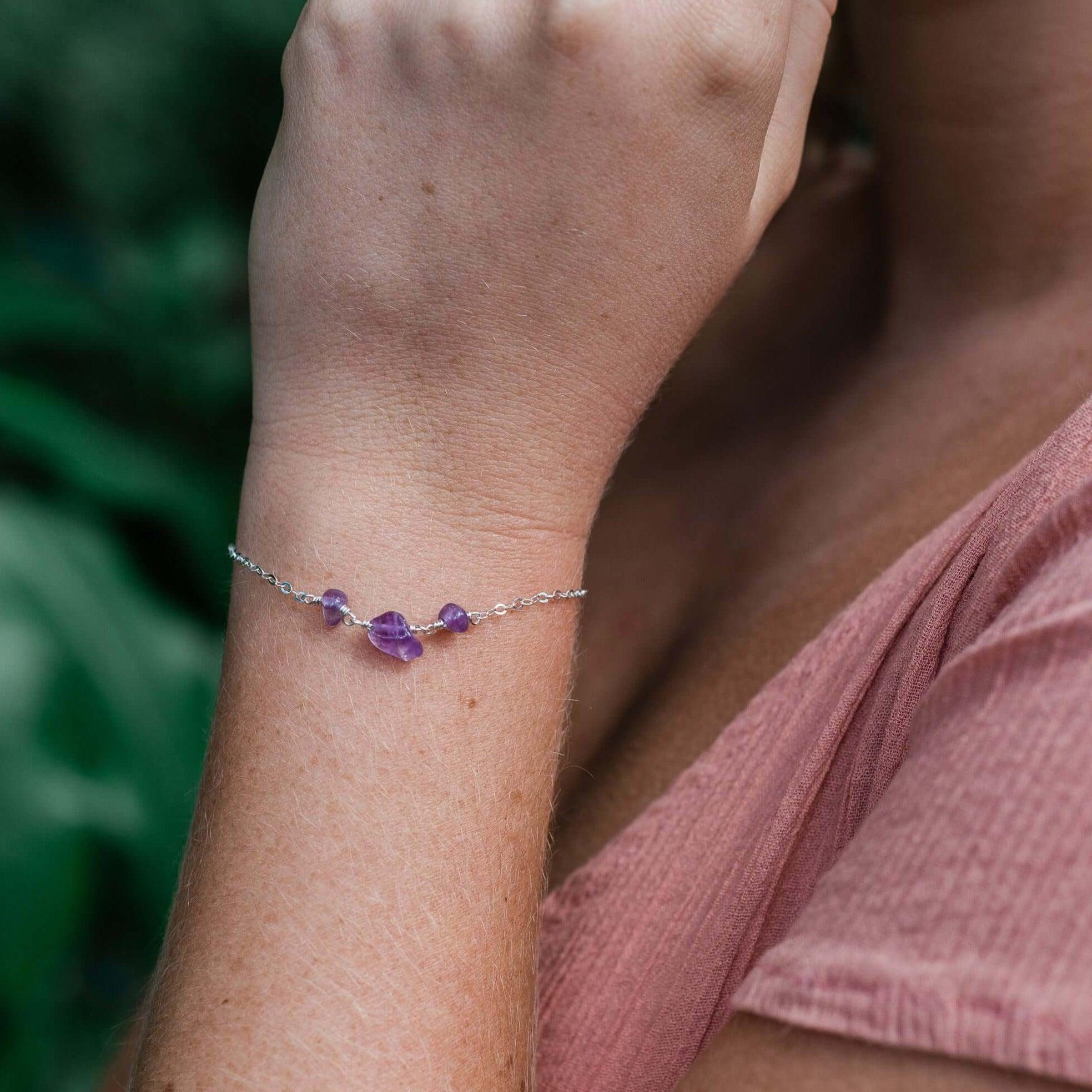 Amethyst Beaded Chain Bracelet - Amethyst Beaded Chain Bracelet - Sterling Silver - Luna Tide Handmade Crystal Jewellery