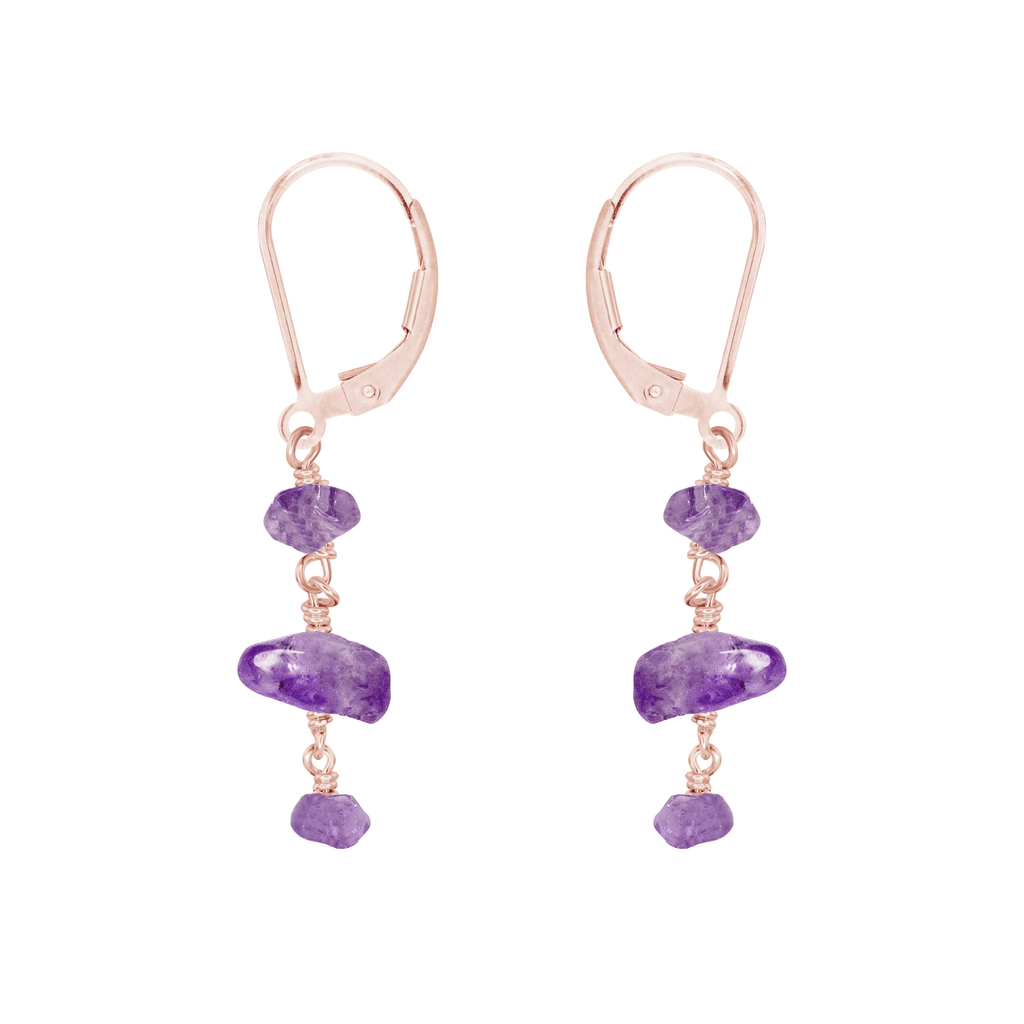 Amethyst Crystal Beaded Chain Dangle Leverback Earrings - Amethyst Crystal Beaded Chain Dangle Leverback Earrings - 14k Rose Gold Fill - Luna Tide Handmade Crystal Jewellery
