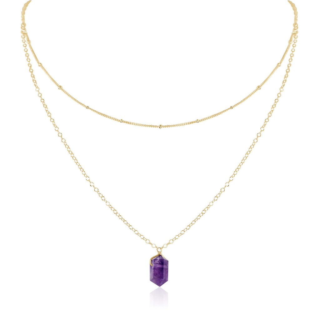 Amethyst Double Terminated Crystal Chain Layered Choker Necklace - Amethyst Double Terminated Crystal Chain Layered Choker Necklace - 14k Gold Fill - Luna Tide Handmade Crystal Jewellery