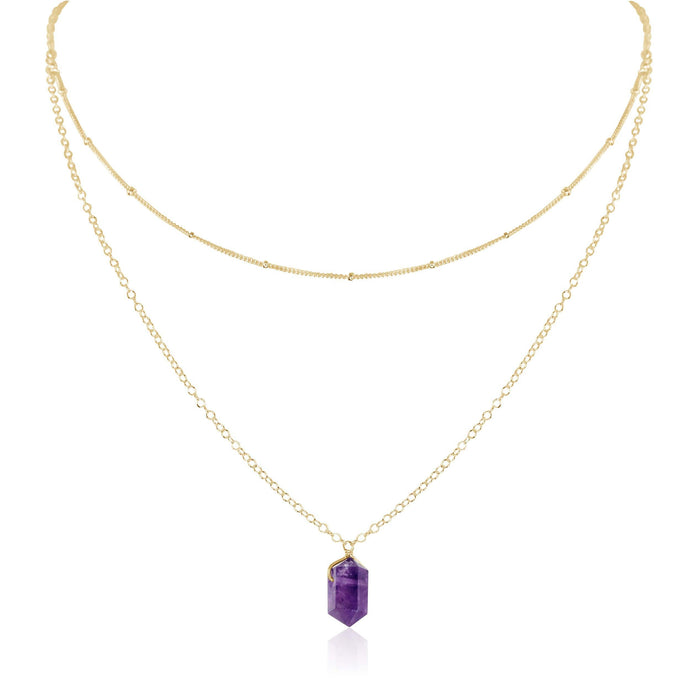 Amethyst Double Terminated Crystal Chain Layered Choker Necklace - Amethyst Double Terminated Crystal Chain Layered Choker Necklace - 14k Gold Fill - Luna Tide Handmade Crystal Jewellery