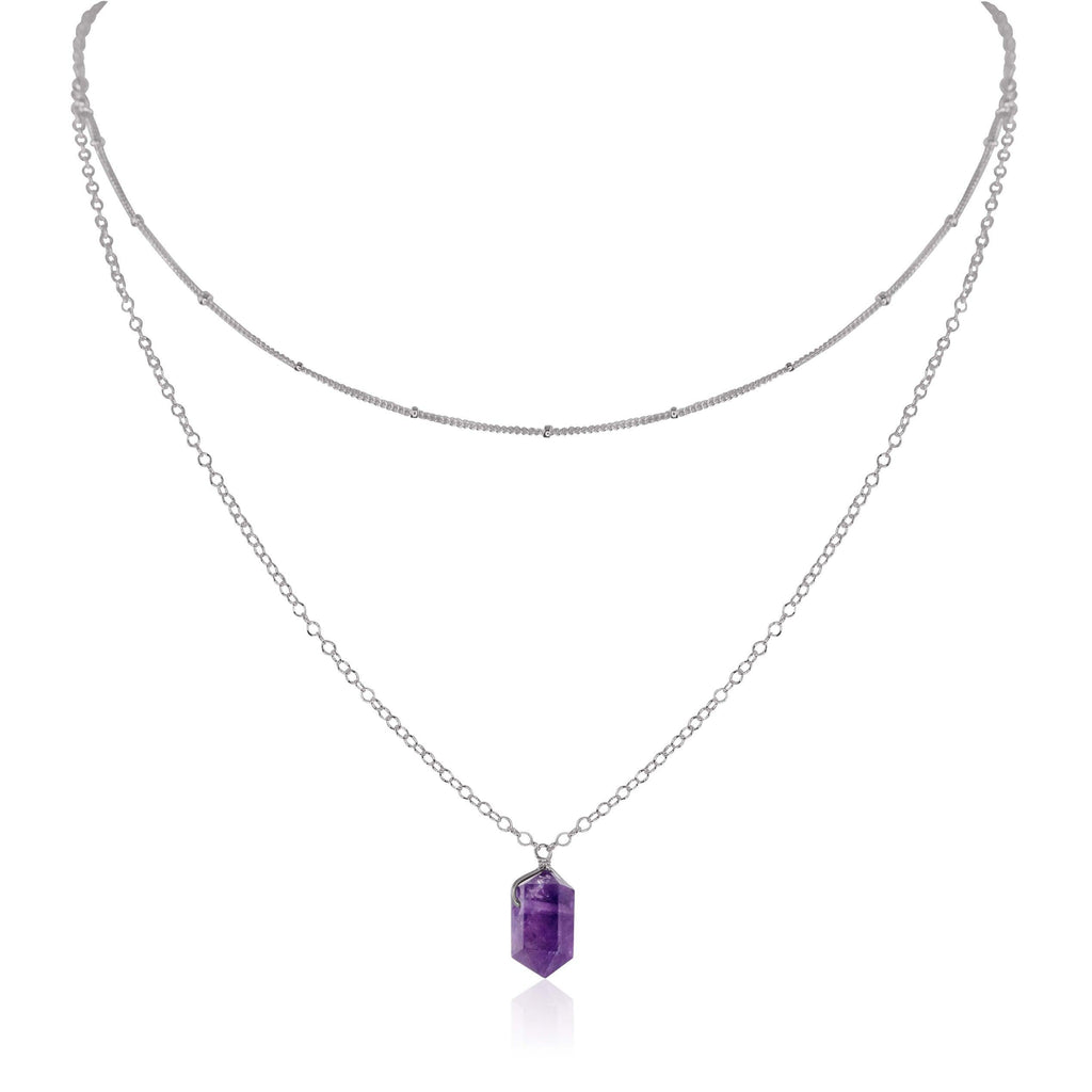 Amethyst Double Terminated Crystal Chain Layered Choker Necklace - Amethyst Double Terminated Crystal Chain Layered Choker Necklace - Stainless Steel - Luna Tide Handmade Crystal Jewellery
