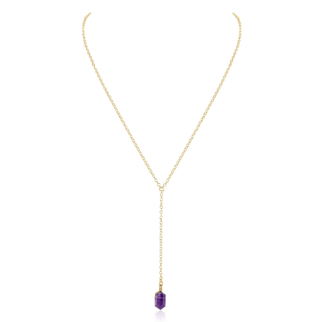 Amethyst Double Terminated Mini Crystal Point Lariat Necklace - Amethyst Double Terminated Mini Crystal Point Lariat Necklace - 14k Gold Fill - Luna Tide Handmade Crystal Jewellery