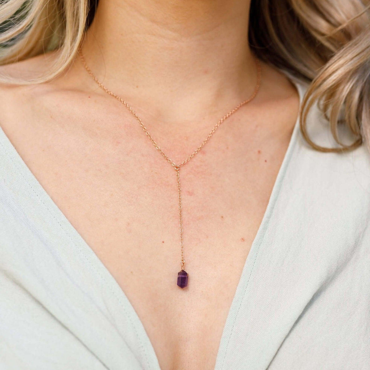 Double Terminated Crystal Lariat - Amethyst - 14K Rose Gold Fill - Luna Tide Handmade Jewellery