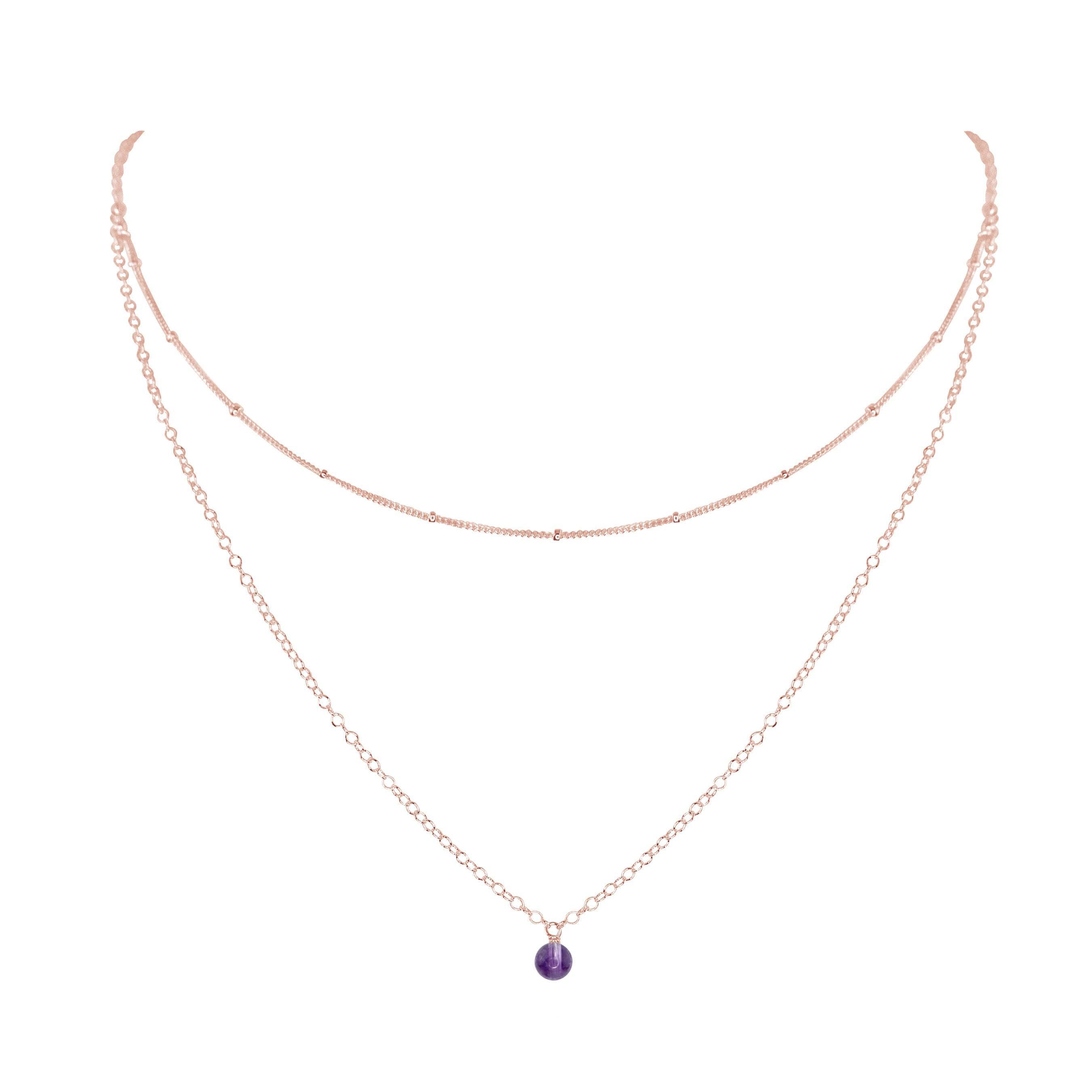 Amethyst Gemstone Chain Layered Choker Necklace - Amethyst Gemstone Chain Layered Choker Necklace - 14k Rose Gold Fill - Luna Tide Handmade Crystal Jewellery
