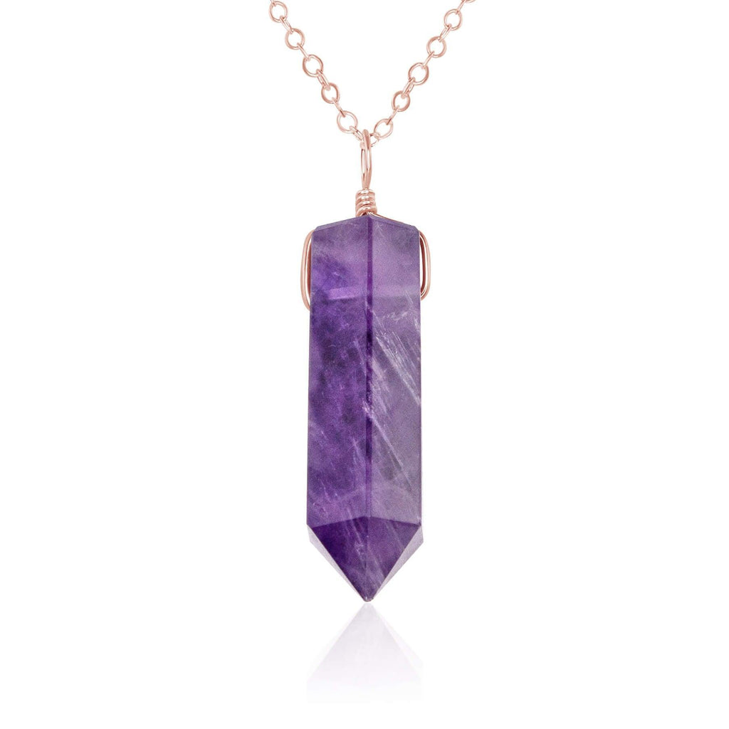 Amethyst Gemstone Generator Tower Point Pendant Necklace - Amethyst Gemstone Generator Tower Point Pendant Necklace - 14k Rose Gold Fill / Cable - Luna Tide Handmade Crystal Jewellery