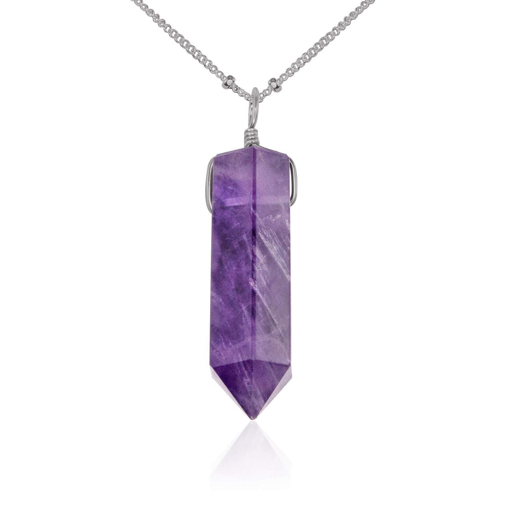 Amethyst Gemstone Generator Tower Point Pendant Necklace - Amethyst Gemstone Generator Tower Point Pendant Necklace - Stainless Steel / Satellite - Luna Tide Handmade Crystal Jewellery