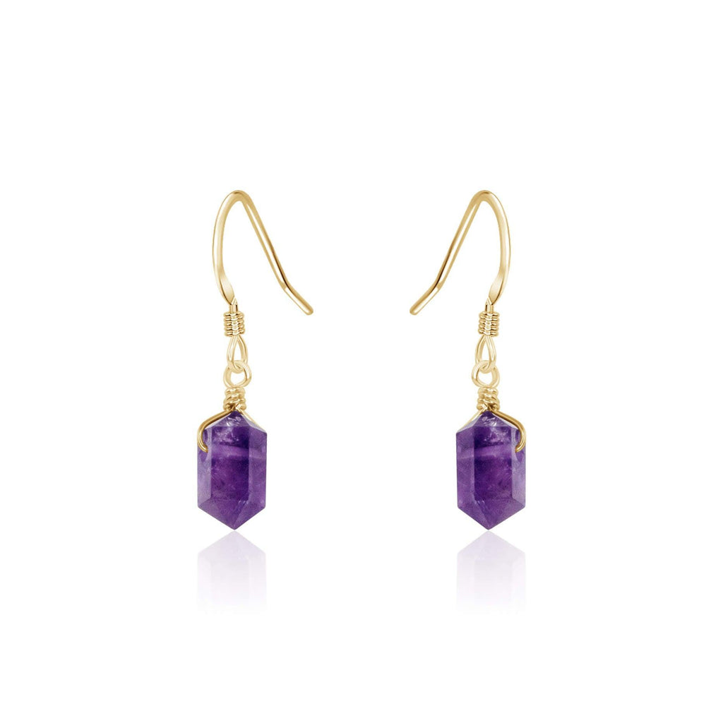 Amethyst Mini Double Terminated Crystal Point Dangle Drop Earrings - Amethyst Mini Double Terminated Crystal Point Dangle Drop Earrings - 14k Gold Fill - Luna Tide Handmade Crystal Jewellery