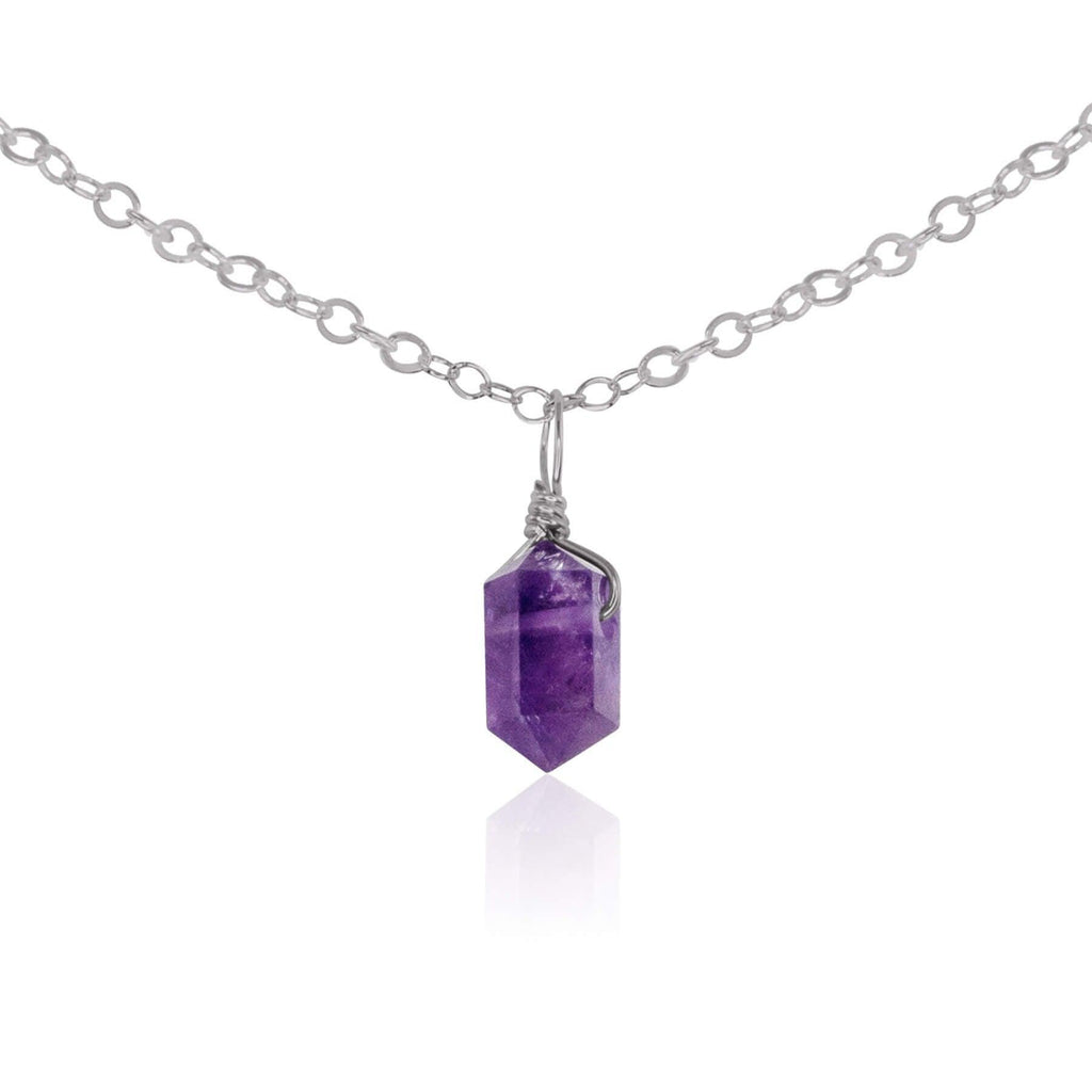 Amethyst Mini Double Terminated Crystal Point Pendant Choker Necklace - Amethyst Mini Double Terminated Crystal Point Pendant Choker Necklace - Stainless Steel / Cable - Luna Tide Handmade Crystal Jewellery