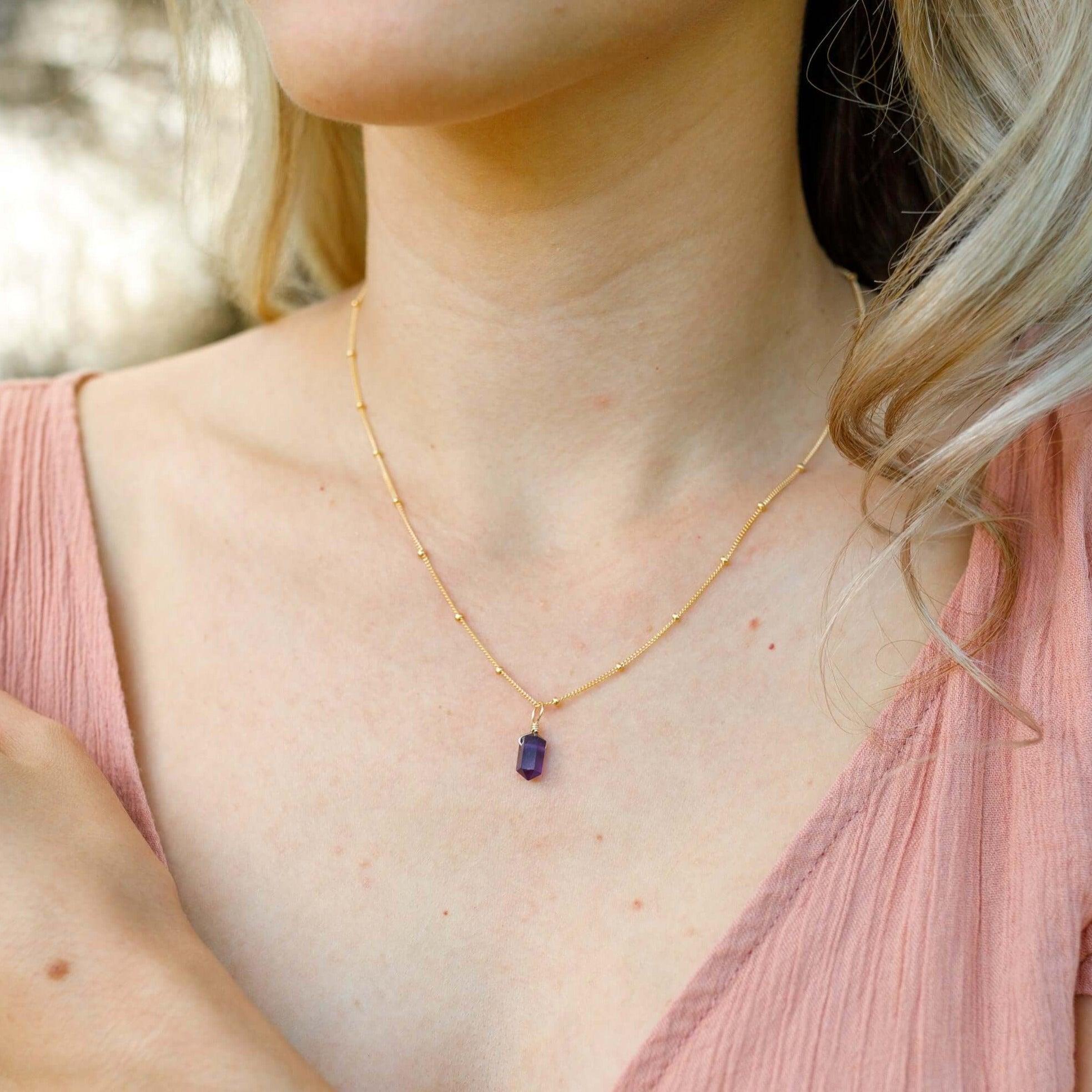 Amethyst Mini Double Terminated Crystal Point Pendant Necklace - Amethyst Mini Double Terminated Crystal Point Pendant Necklace - Sterling Silver / Cable - Luna Tide Handmade Crystal Jewellery