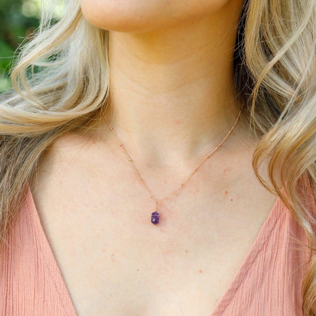 Amethyst Mini Double Terminated Crystal Point Pendant Necklace - Amethyst Mini Double Terminated Crystal Point Pendant Necklace - Sterling Silver / Cable - Luna Tide Handmade Crystal Jewellery
