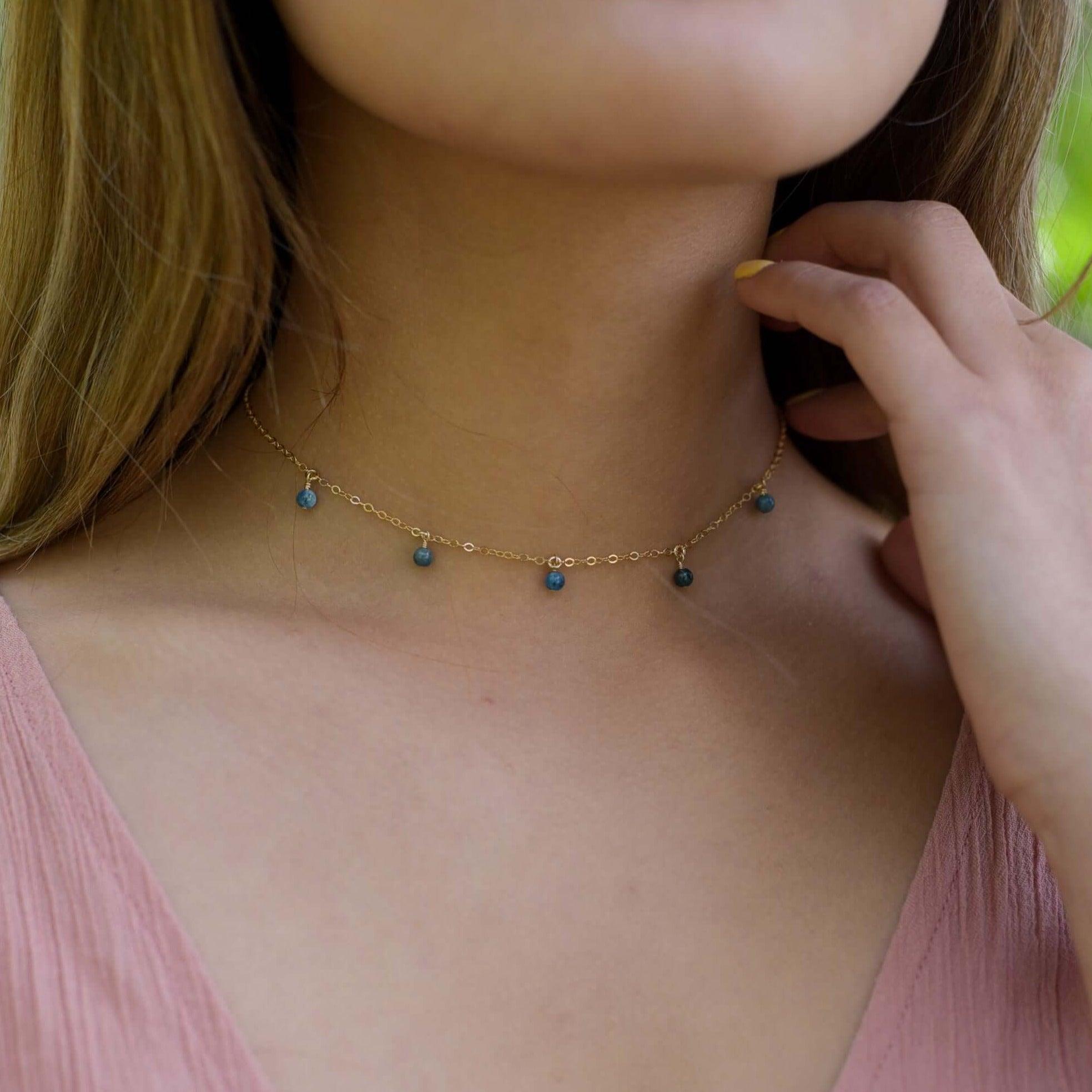 Bead Drop Choker - Apatite - 14K Gold Fill - Luna Tide Handmade Jewellery