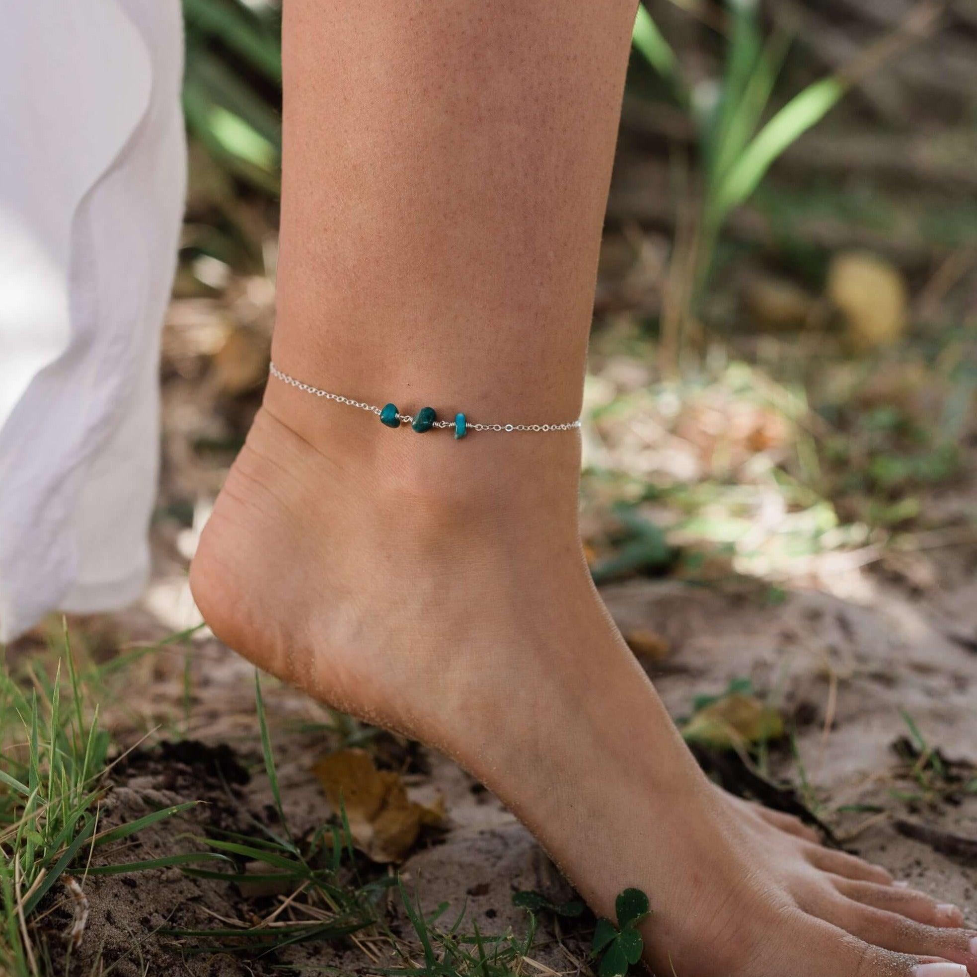 Apatite Beaded Chain Anklet - Apatite Beaded Chain Anklet - Sterling Silver - Luna Tide Handmade Crystal Jewellery