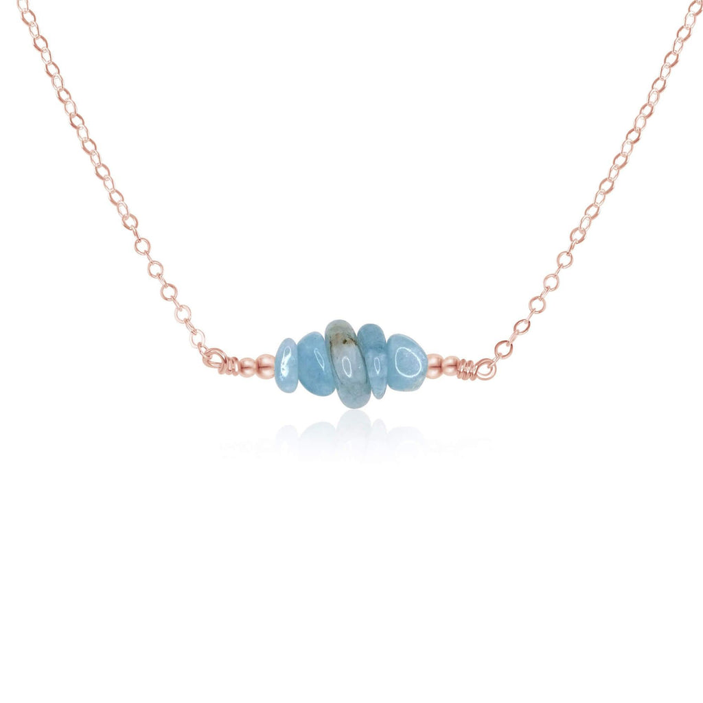 Aquamarine Chip Bead Bar Necklace - Aquamarine Chip Bead Bar Necklace - 14k Rose Gold Fill - Luna Tide Handmade Crystal Jewellery