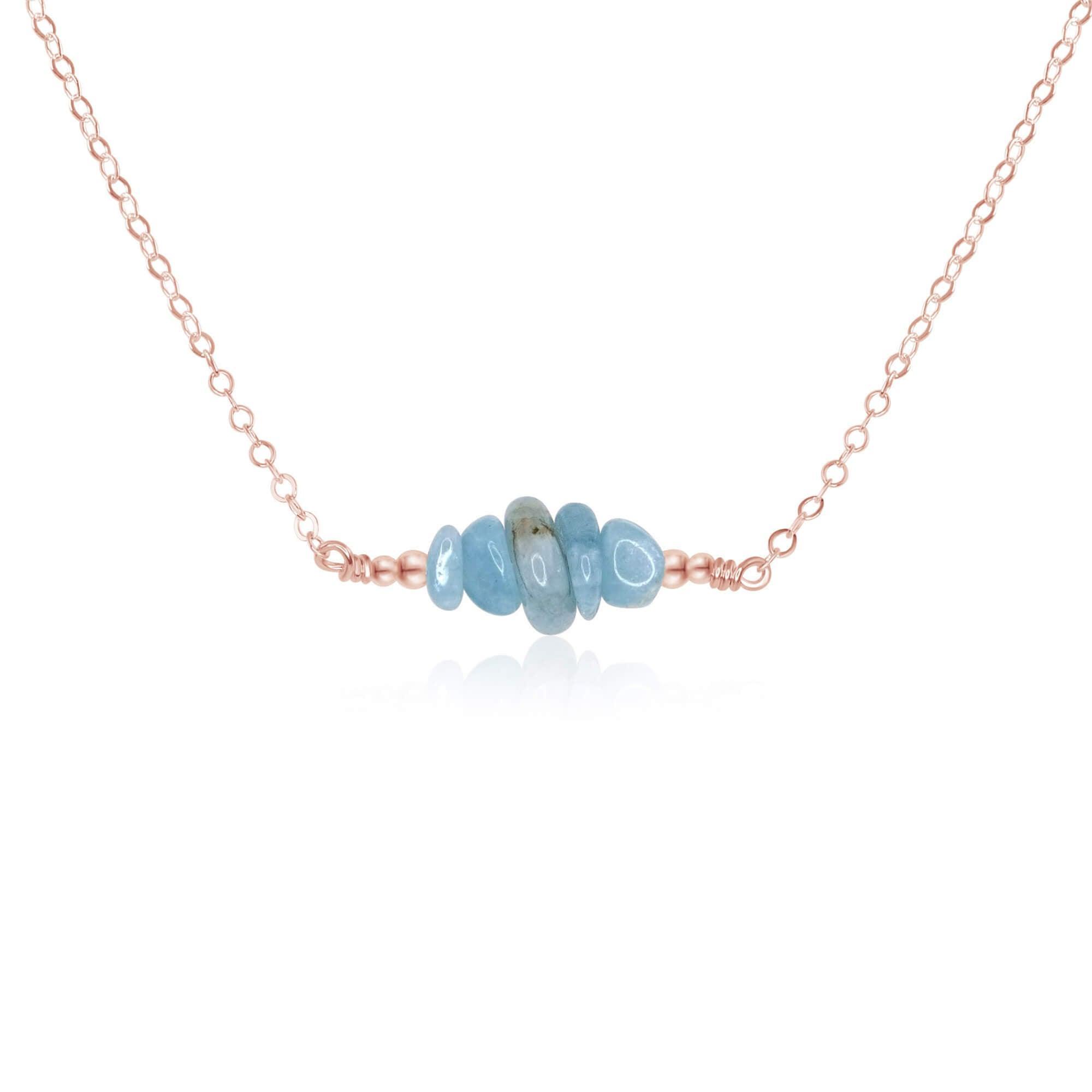 Aquamarine Chip Bead Bar Necklace - Aquamarine Chip Bead Bar Necklace - 14k Rose Gold Fill - Luna Tide Handmade Crystal Jewellery