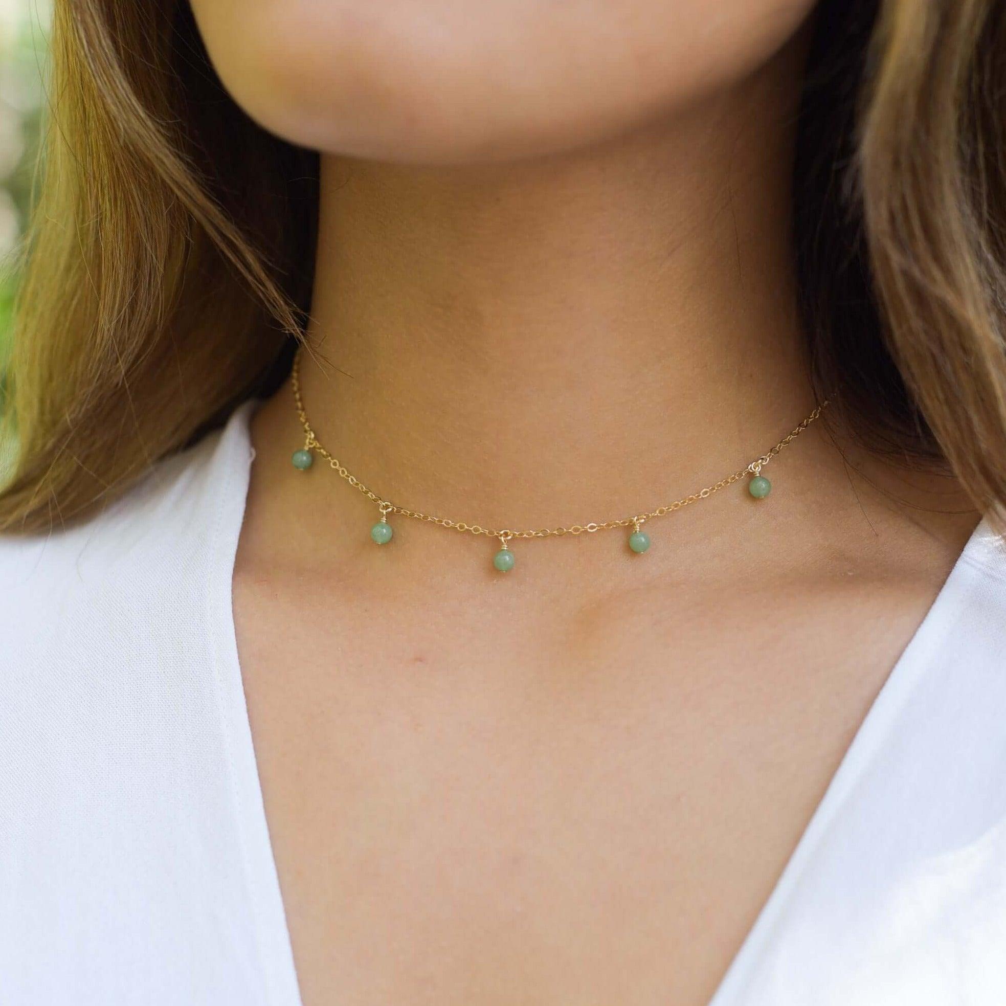 Aventurine Bead Drop Choker - Aventurine Bead Drop Choker - 14k Gold Fill - Luna Tide Handmade Crystal Jewellery