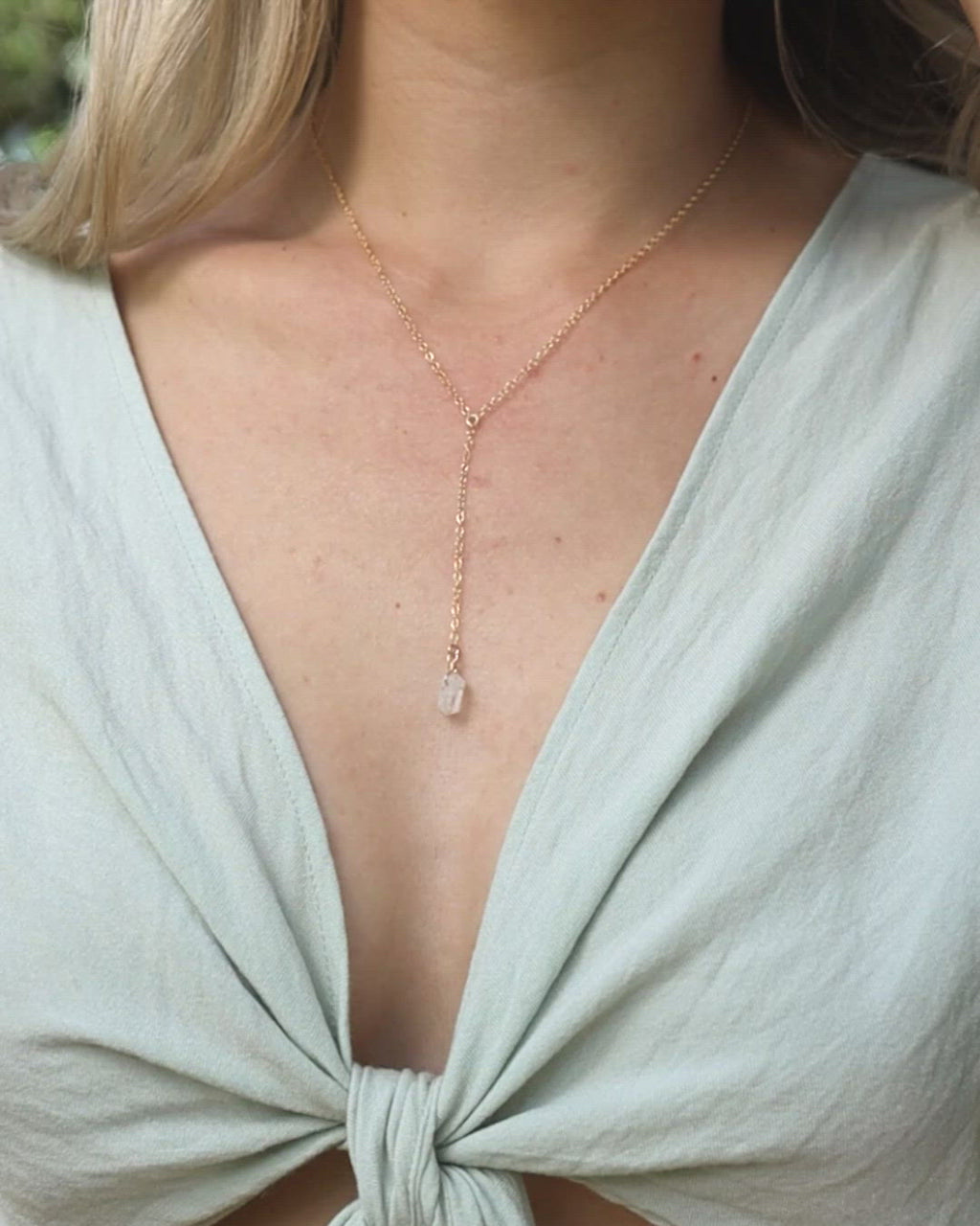 Rainbow Moonstone Double Terminated Mini Crystal Point Lariat Necklace