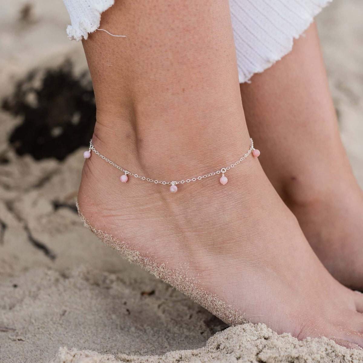 Bead Drop Anklet - Pink Peruvian Opal - Sterling Silver - Luna Tide Handmade Jewellery