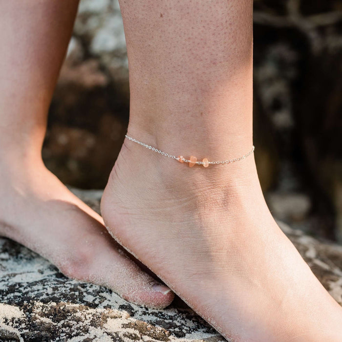 Beaded Chain Anklet - Sunstone - Sterling Silver - Luna Tide Handmade Jewellery