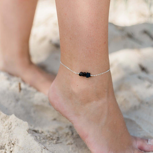 Black onyx Chip Bead Bar Anklet - Black onyx Chip Bead Bar Anklet - Sterling Silver - Luna Tide Handmade Crystal Jewellery