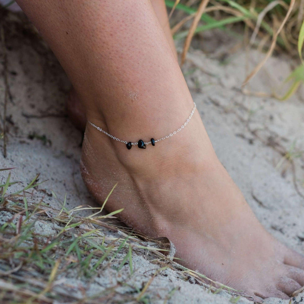 Black Tourmaline Beaded Chain Anklet - Black Tourmaline Beaded Chain Anklet - 14k Gold Fill - Luna Tide Handmade Crystal Jewellery