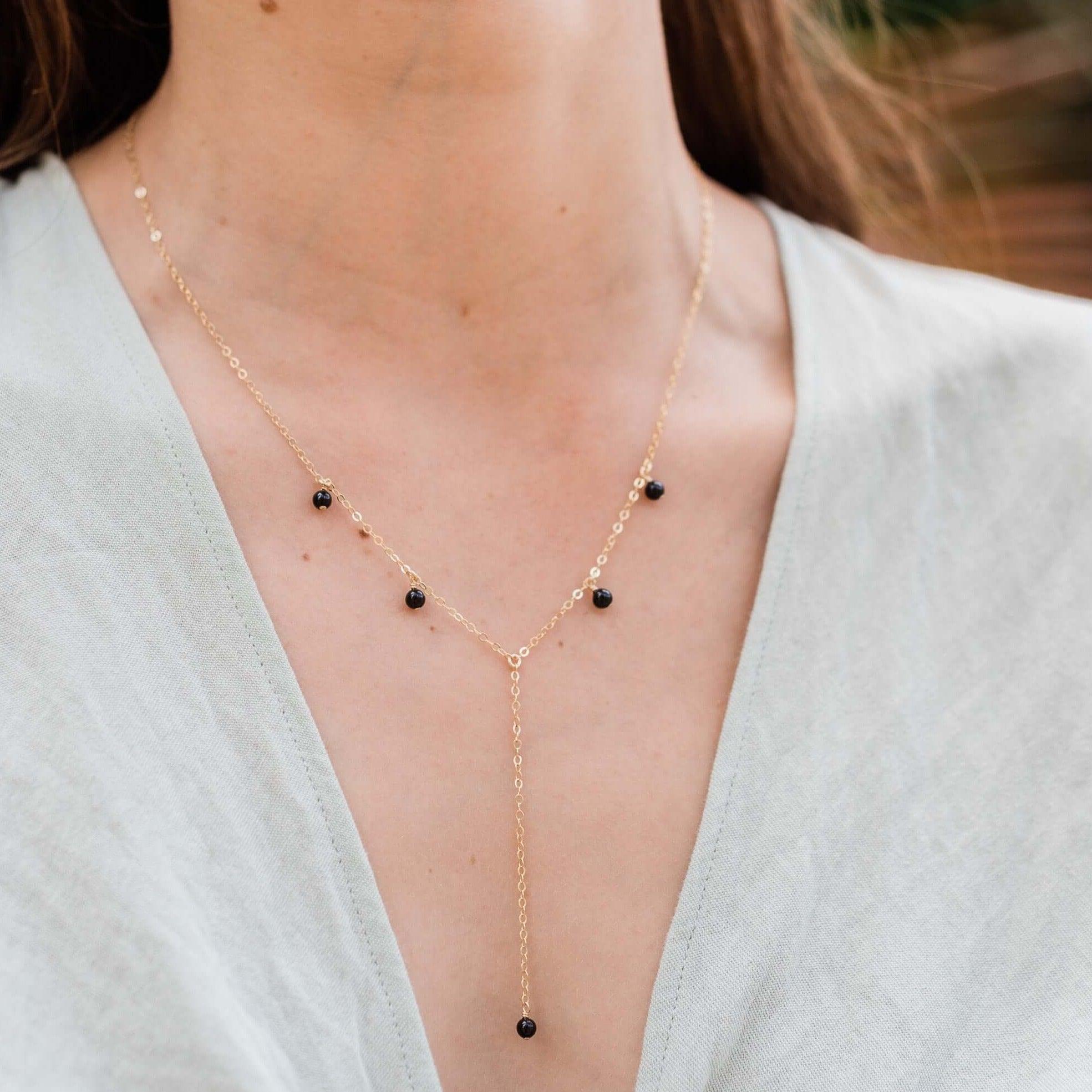 Black Tourmaline Boho Lariat Necklace - Black Tourmaline Boho Lariat Necklace - 14k Gold Fill - Luna Tide Handmade Crystal Jewellery